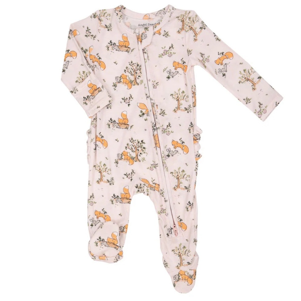 Angel Dear Bamboo 2-Way Ruffle Back Zipper Footie - Baby Foxes Pink
